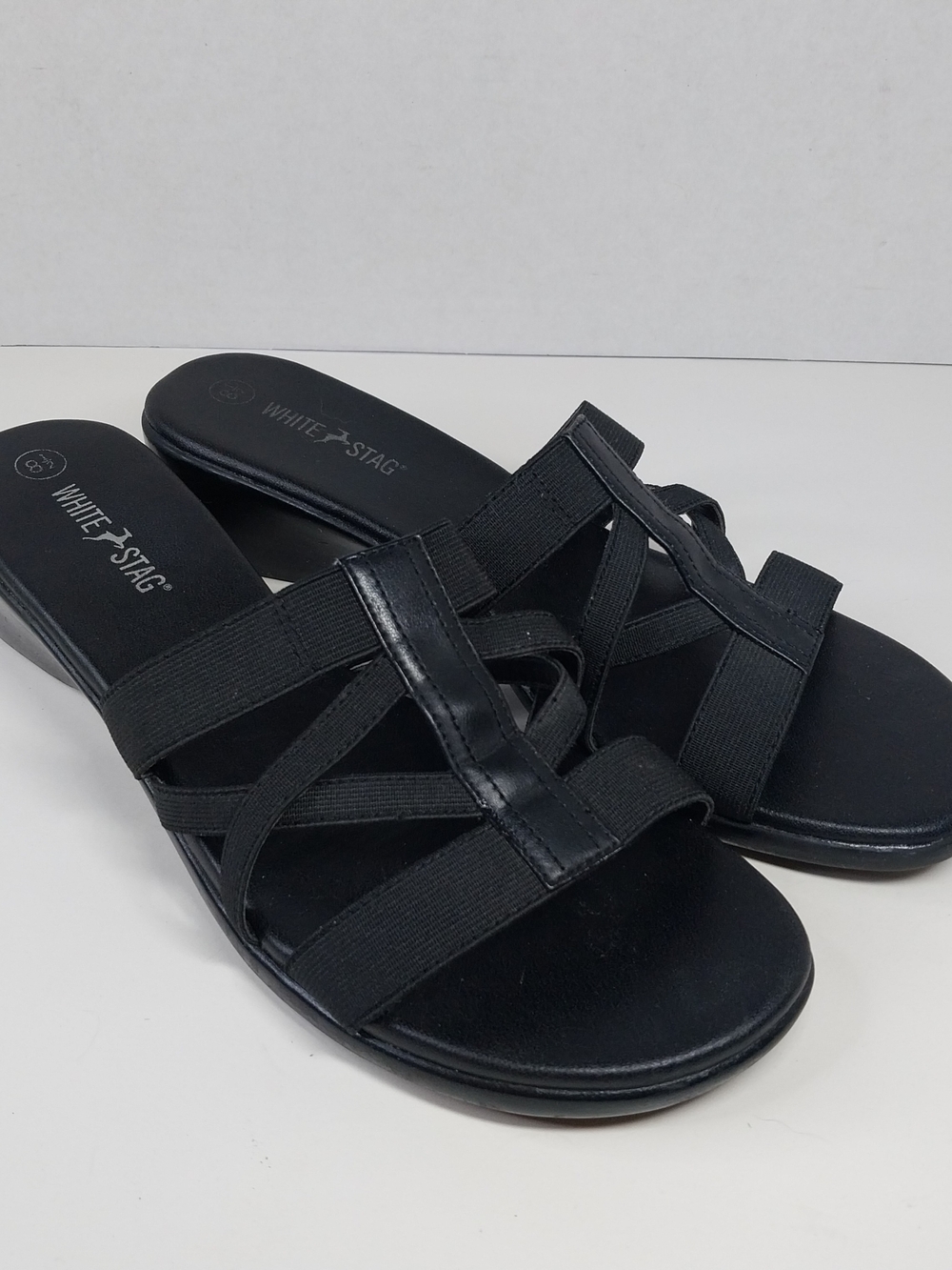 White Stag Women Size 8.5 Black Wedge Sandals Elastic Straps Y2k Normcore Shoes